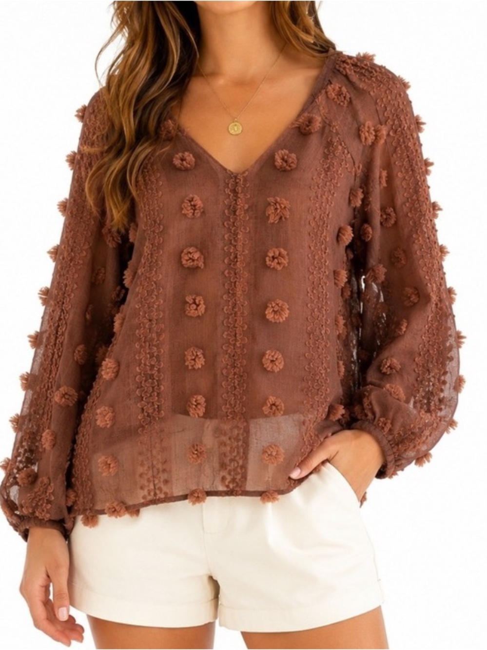 CALYPSO ST. BARTH Brown Pom Pom Blouse